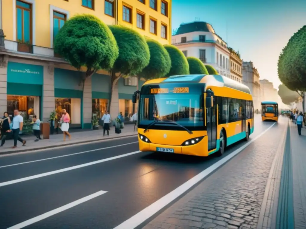 Vibrante calle uruguaya con alternativas de transporte sostenible: buses eléctricos, bicicletas y vegetación exuberante