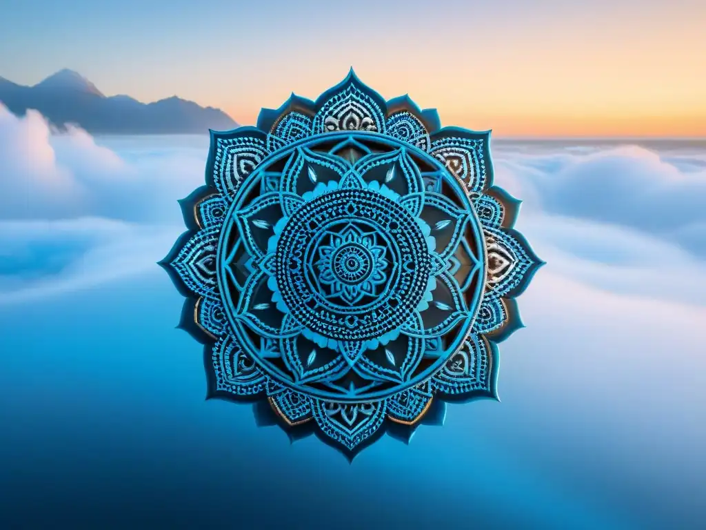 Un mandala azul vibrante simbolizando armonía, equilibrio y paz, ideal para cursos online espiritualidad Uruguay