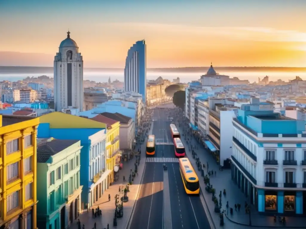 Un vibrante atardecer en Montevideo, mostrando la calidad del aire en Uruguay con su arquitectura moderna y tradicional