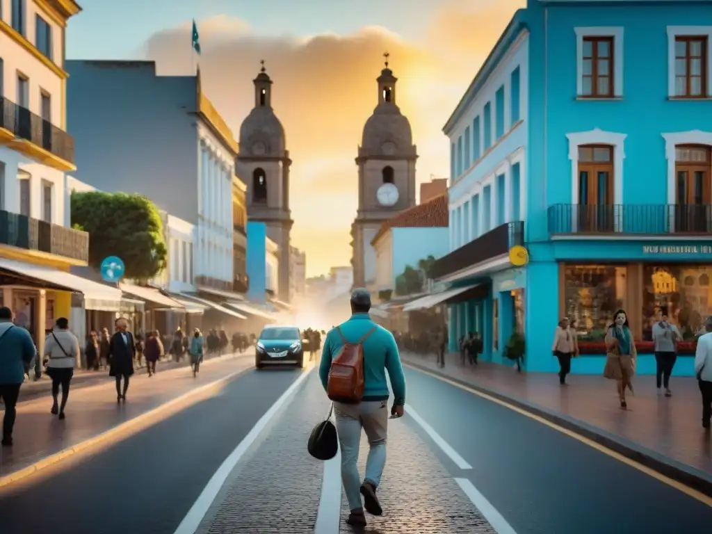 Vibrante atardecer en una calle urbana de Uruguay promoviendo desplazamiento a pie