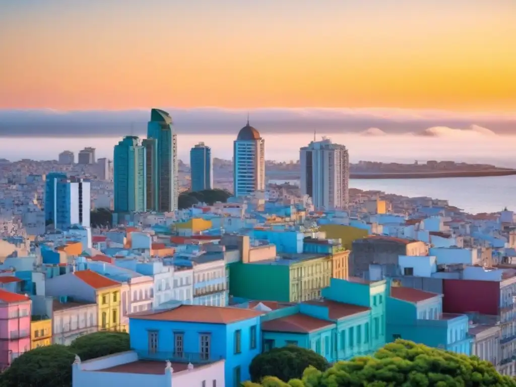 Un vibrante atardecer en Montevideo, Uruguay, con edificios coloridos y calles animadas, simbolizando el futuro de la Psicología positiva en Uruguay