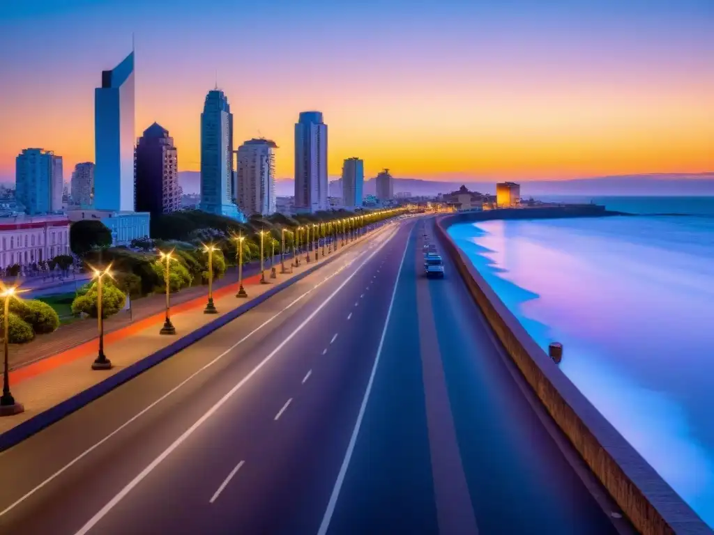 Un vibrante atardecer en Montevideo, Uruguay, con la icónica Rambla y personas disfrutando de actividades al aire libre