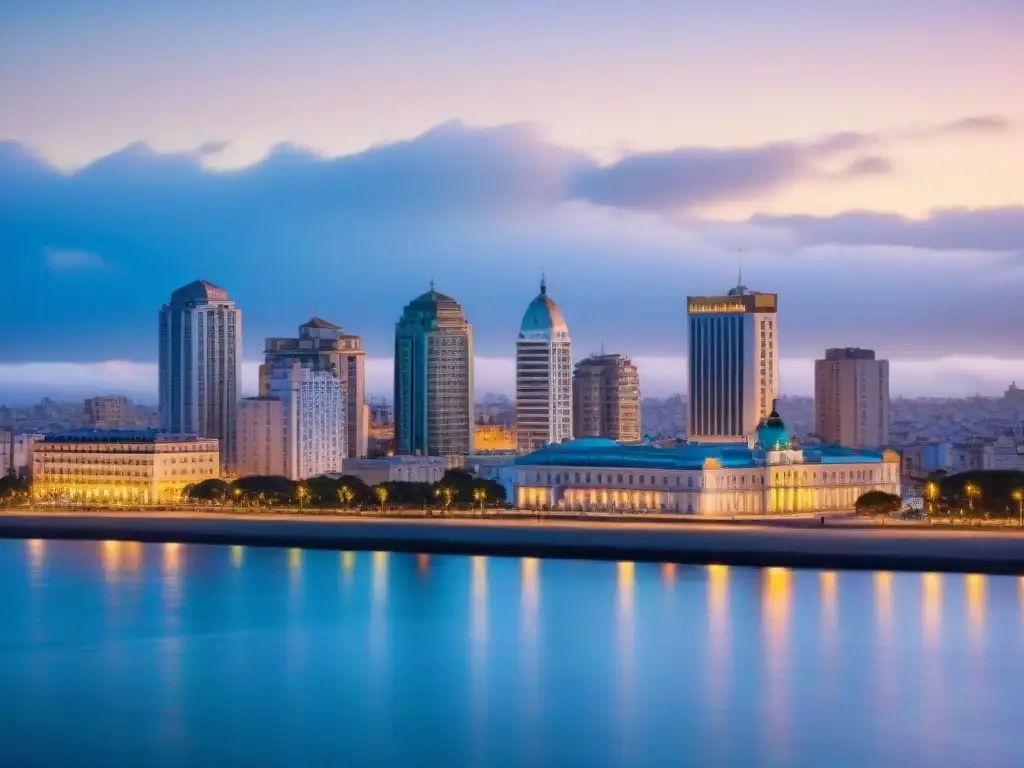 Vibrante Montevideo, Uruguay al atardecer con luces de la ciudad reflejadas en el Río de la Plata