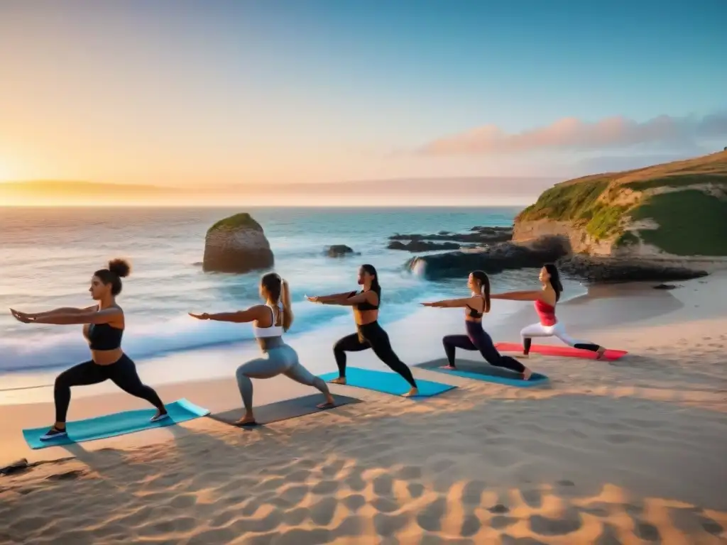 Un vibrante atardecer en la playa de Uruguay con personas practicando yoga, corriendo, ciclismo y ejercicios de fuerza