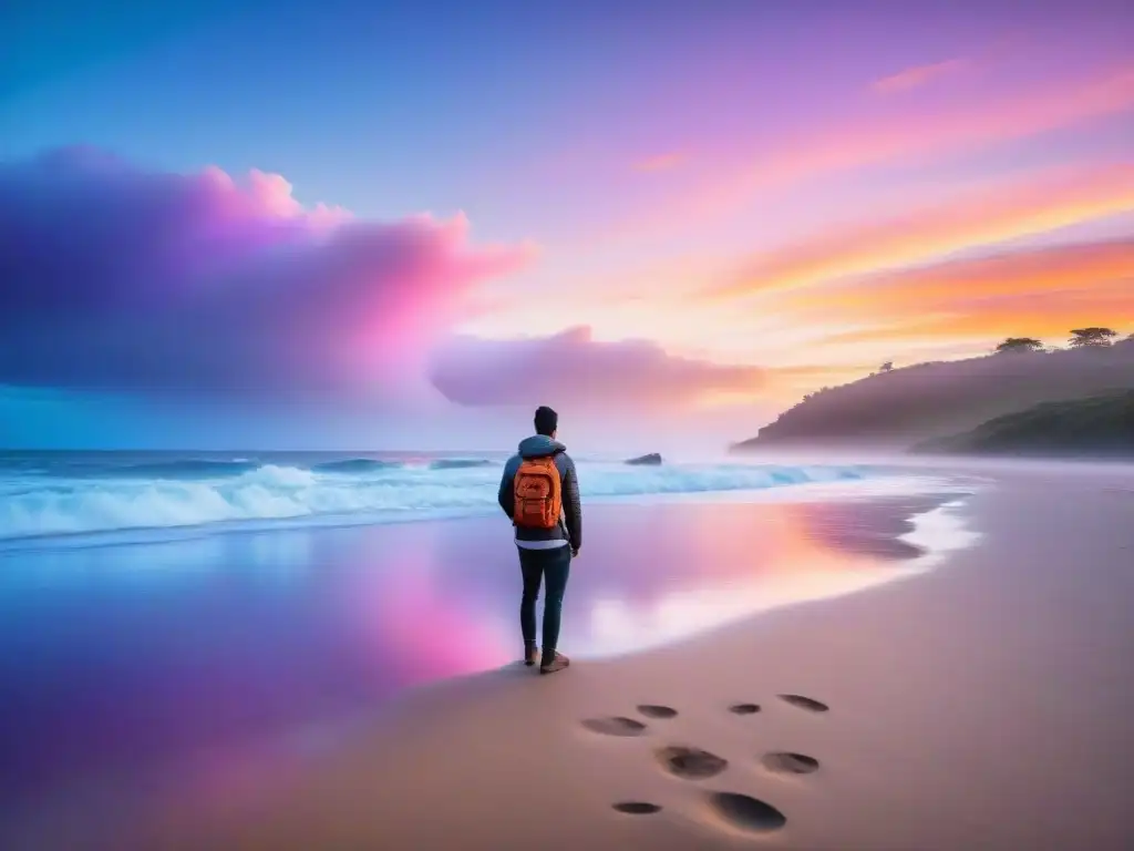 Vibrante atardecer en una playa uruguaya, reflejando paz y tranquilidad