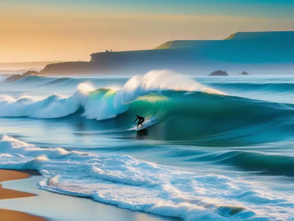 Un vibrante atardecer en Punta del Diablo, Uruguay, donde surfistas disfrutan del mar