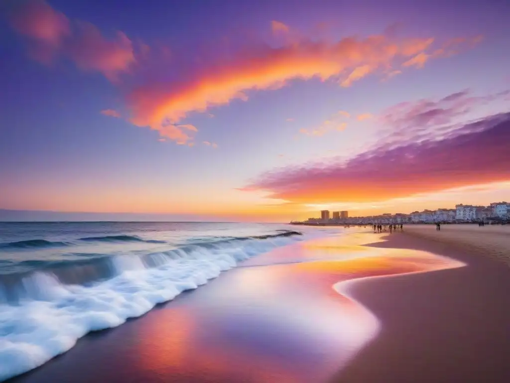 Un vibrante atardecer sobre la icónica costa de Punta del Este en Uruguay, mezclando vida social y bienestar en su impresionante belleza natural