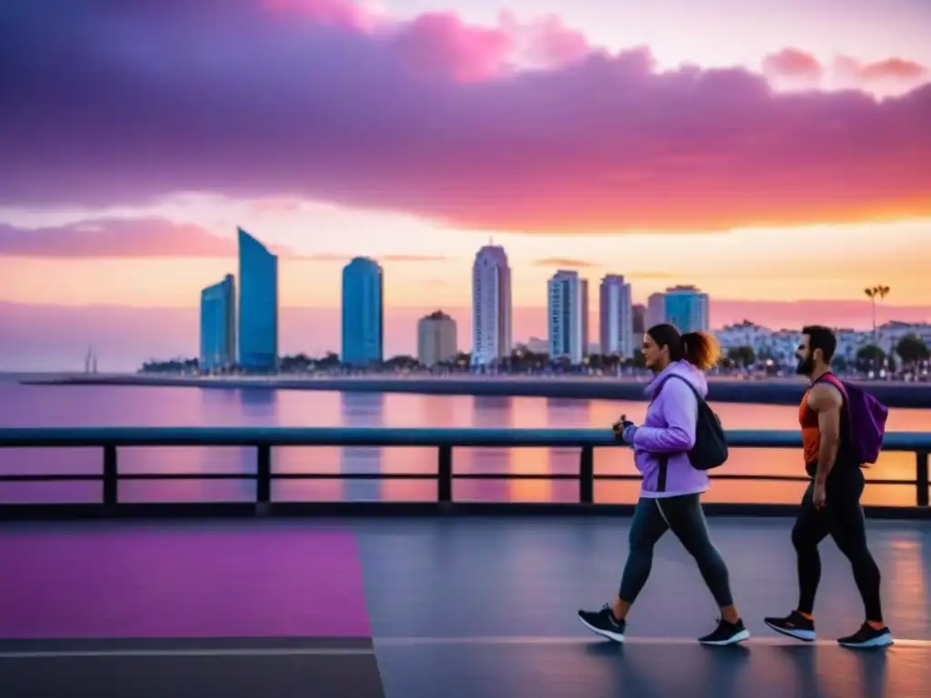 Vibrante atardecer en la Rambla de Montevideo con actividades saludables y edificios modernos al fondo