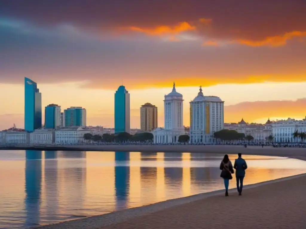 Vibrante atardecer sobre la Rambla de Montevideo, Uruguay, gente paseando con la ciudad al fondo