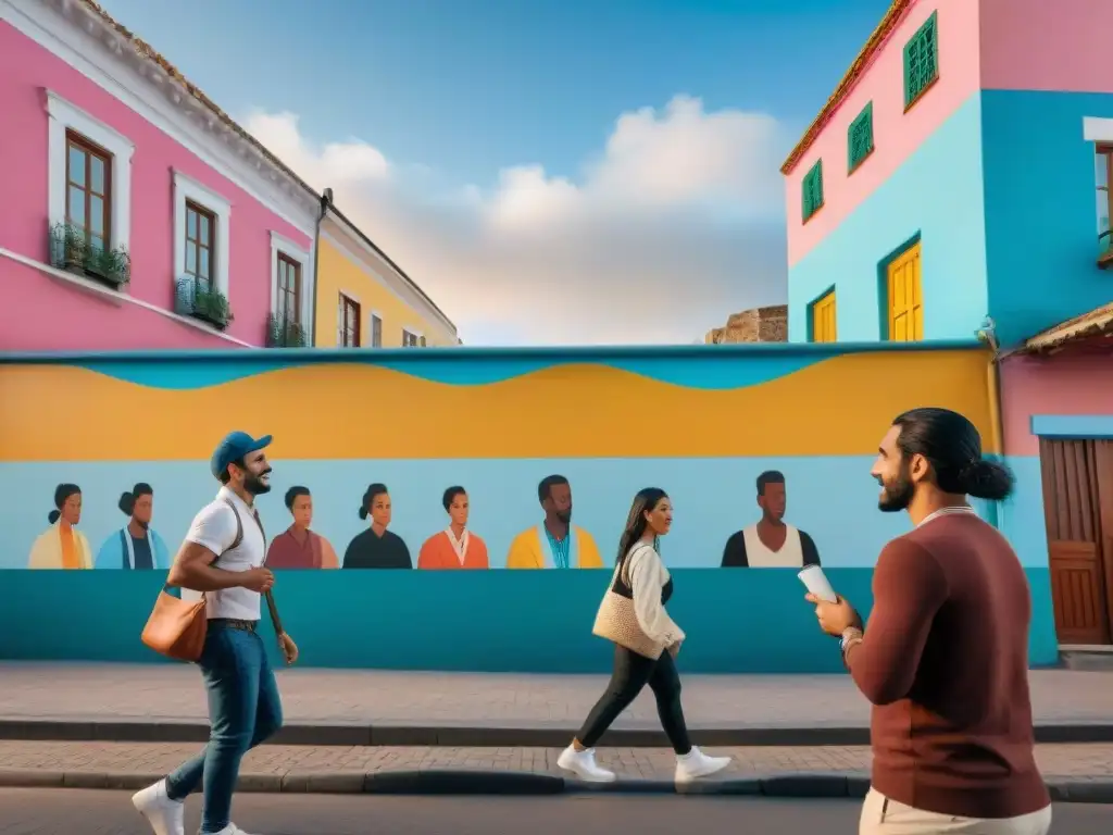 Una vibrante calle de Uruguay muestra armonía entre migrantes y locales, reflejando la integración de migrantes en Uruguay