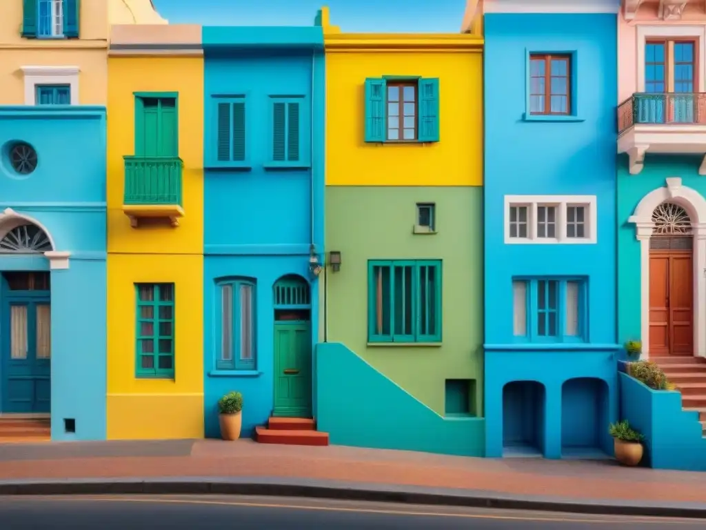 Vibrante calle en Montevideo con edificios coloridos que promueven bienestar mental, siguiendo la psicología del color