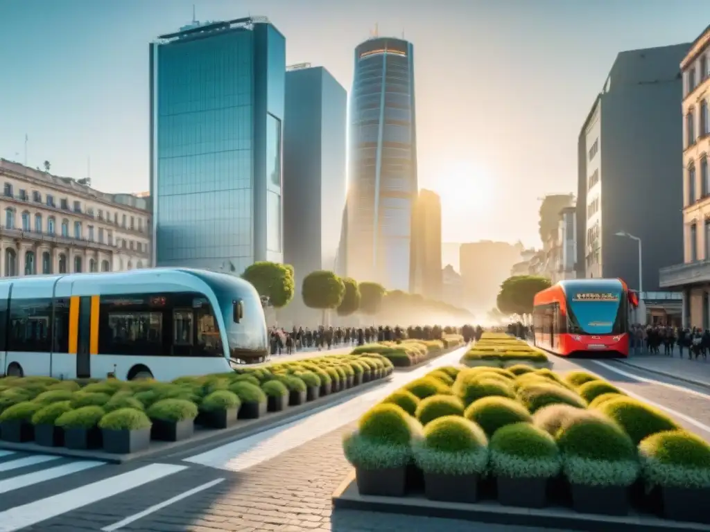 Vibrante calle urbana en Uruguay con arquitectura sostenible y transporte eco, reflejando la sostenibilidad en ciudades uruguayas