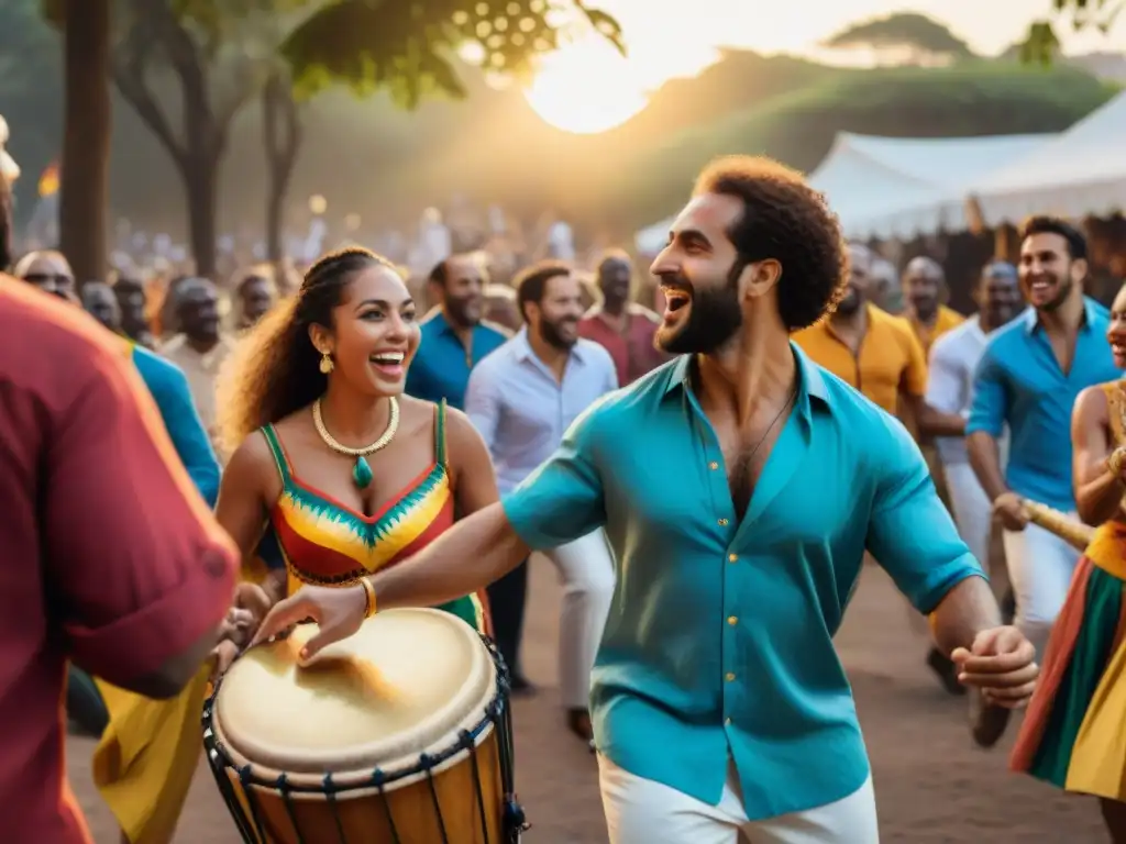 Un vibrante y cautivador grupo diverso bailando al ritmo de tambores de candombe en un parque urbano al atardecer, mostrando beneficios emocionales