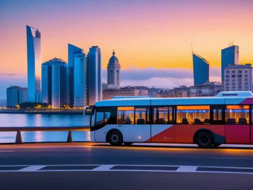 Vibrante ciudad futurista de Montevideo al atardecer con modernos edificios y transporte público