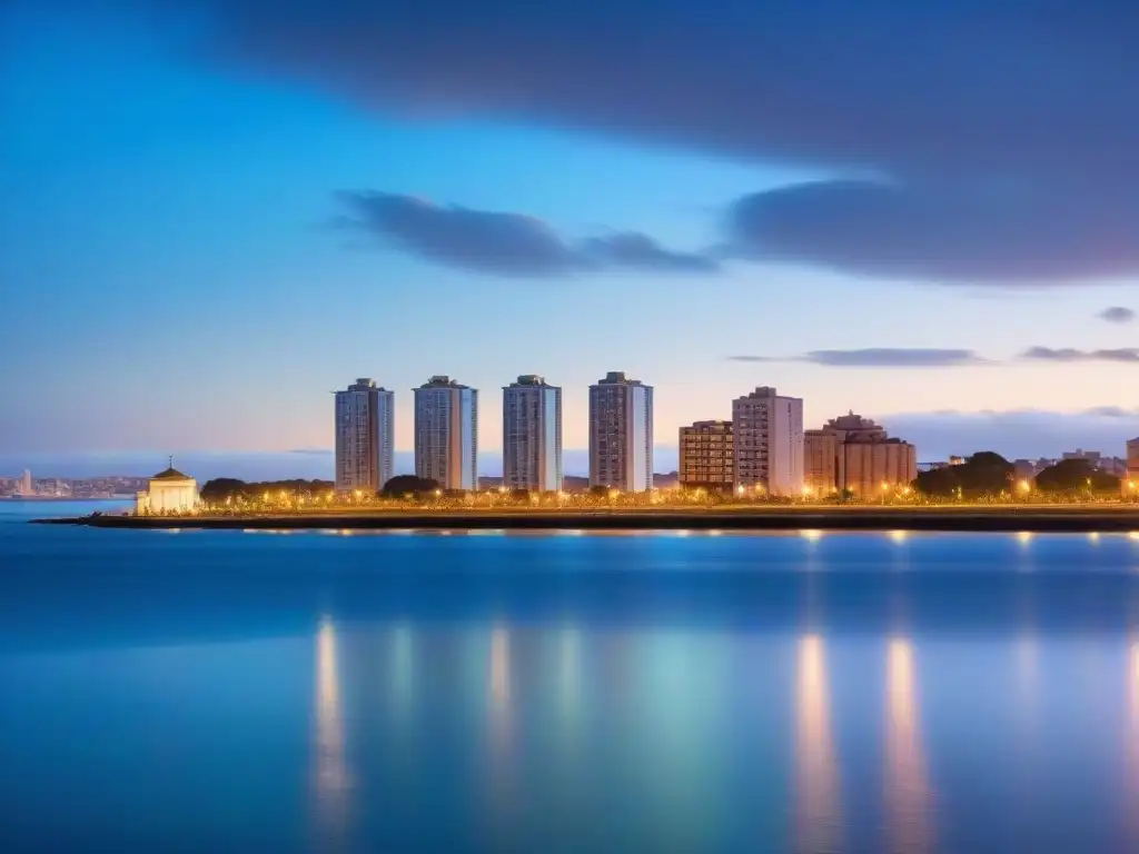 Vibrante ciudad de Montevideo al anochecer, con luces reflejadas en el Río de la Plata, fusionando desarrollo urbano y belleza natural