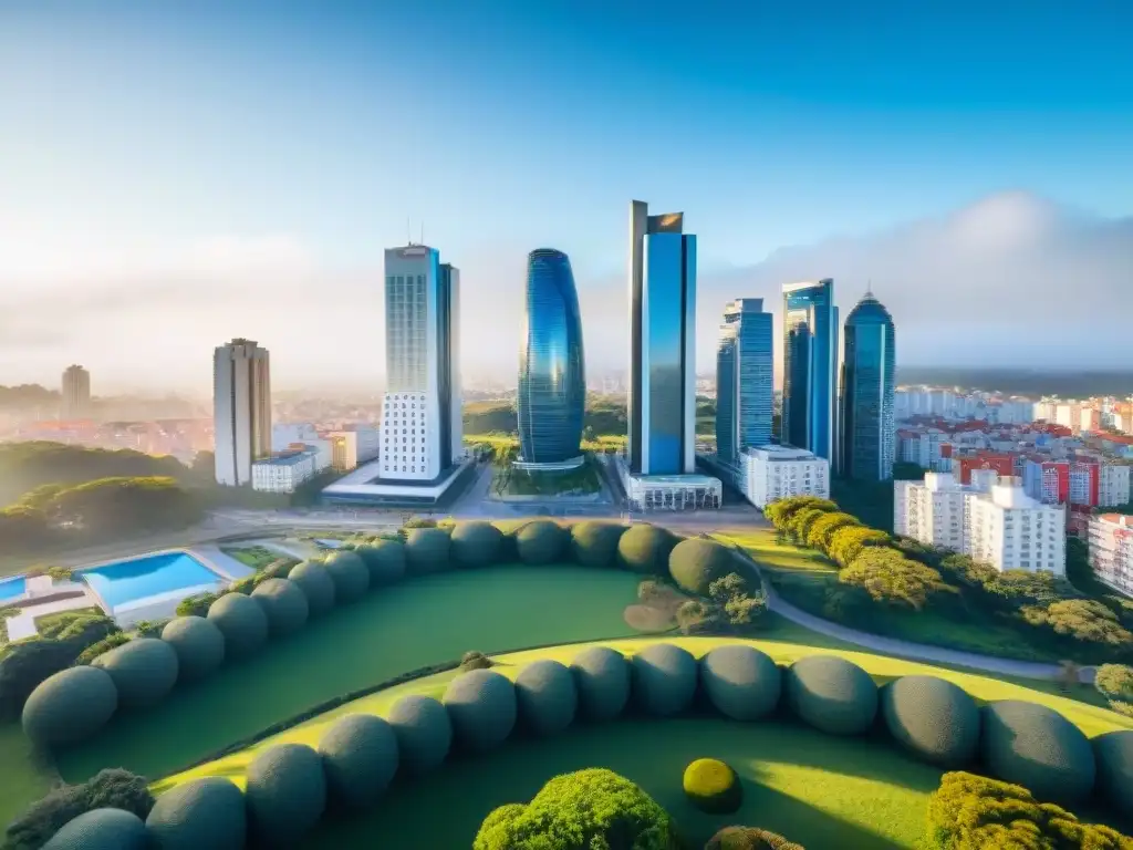 Vibrante ciudad moderna en Uruguay con edificios altos, parques verdes y cielo azul