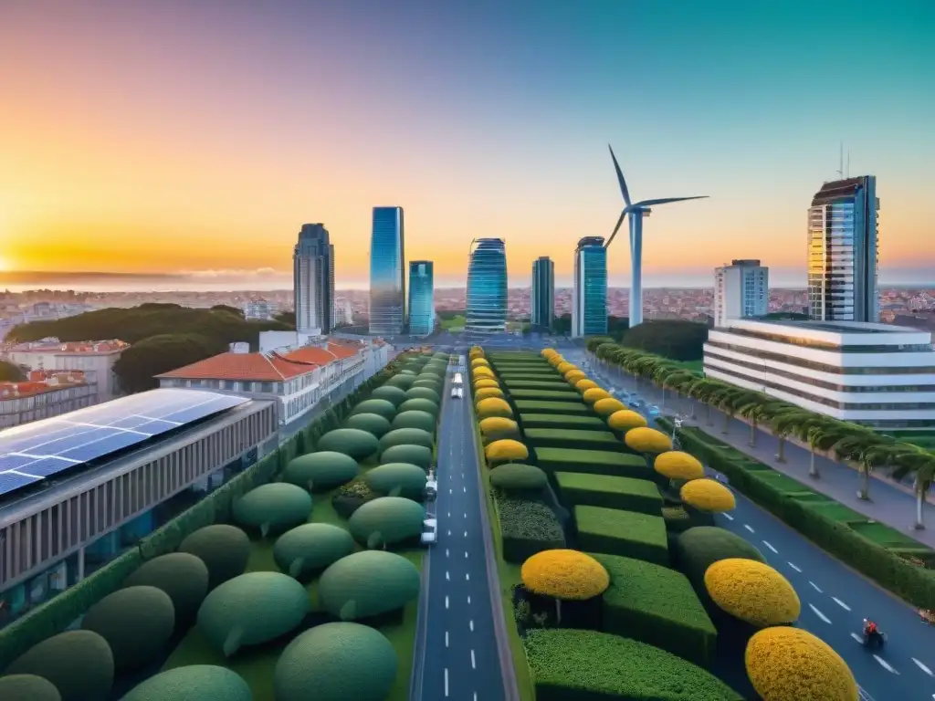 Vibrante ciudad sostenible en Uruguay con rascacielos verdes y transporte eco, bajo un atardecer