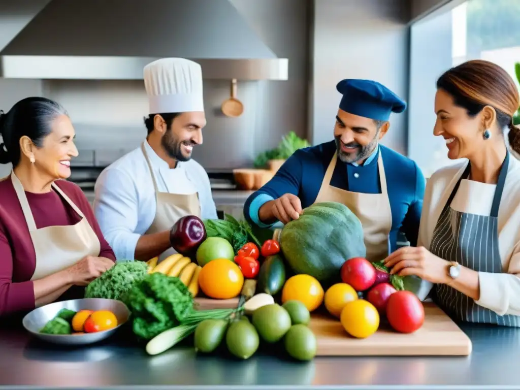 Una vibrante clase de cocina comunitaria en Uruguay, reflejando la nutrición integral en el país