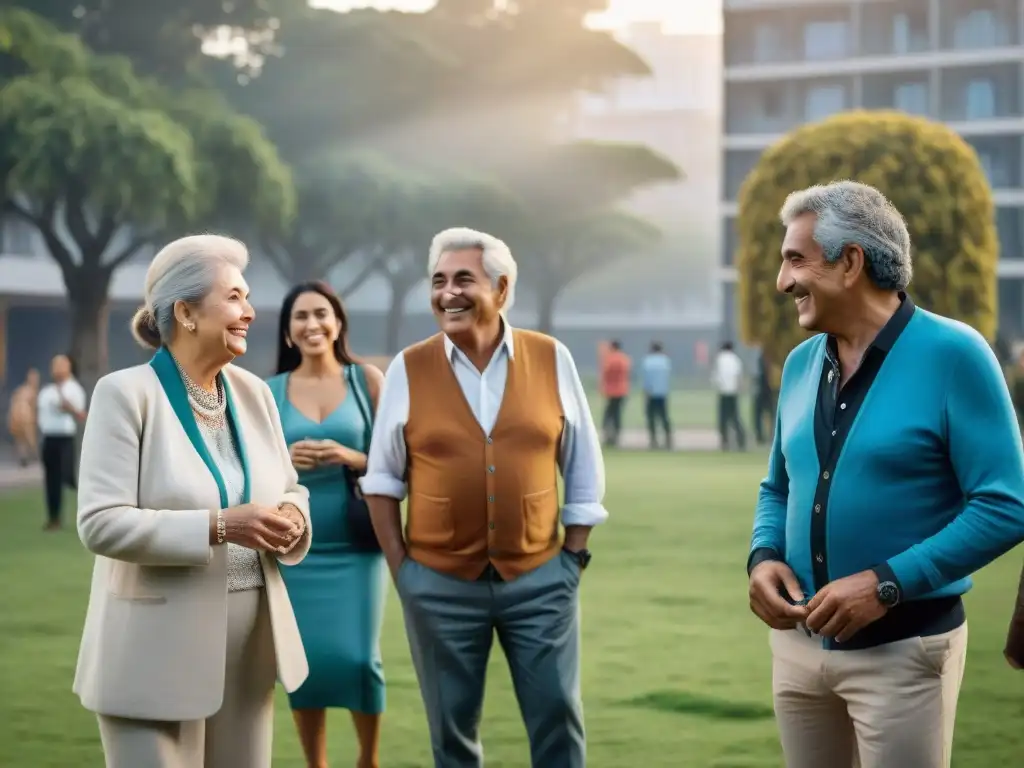 Una vibrante comunidad uruguaya disfruta de actividades juntos en un parque moderno, reflejando la salud financiera en Uruguay