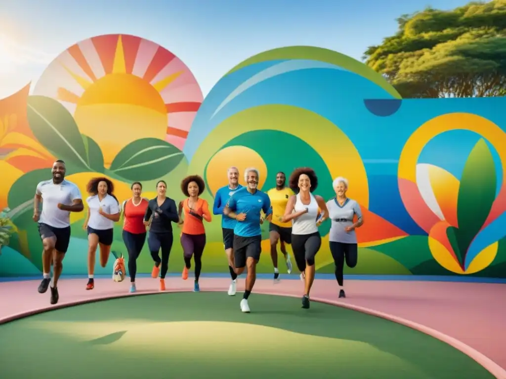 'Vibrante comunidad en parque de Uruguay: niños, adultos y ancianos sonríen, practican deportes y yoga