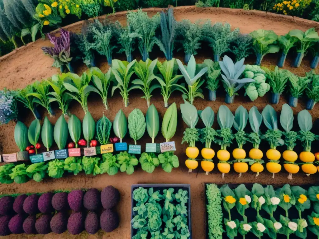 Un vibrante jardín comunitario en Uruguay, repleto de diversidad y abundancia, reflejando la unión y bienestar de huertas comunitarias en Uruguay