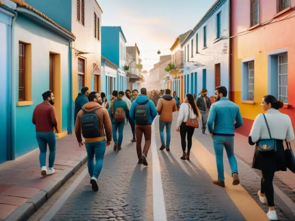 Un vibrante y concurrido calle en Uruguay, con tiendas diversas y murales coloridos que reflejan distintas culturas