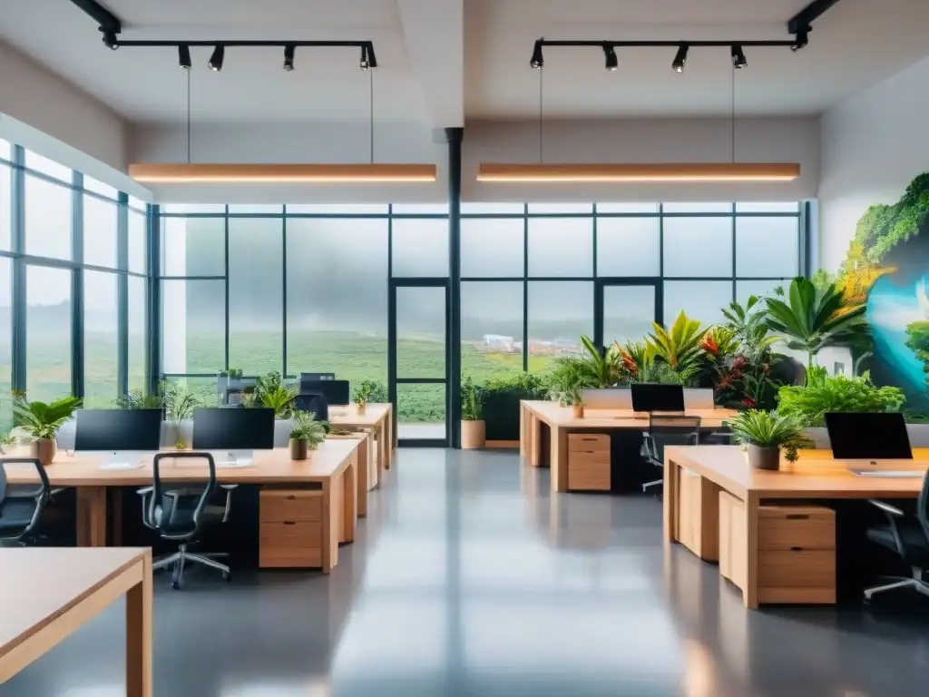 Un vibrante coworking en Uruguay fomentando el bienestar laboral con mobiliario ergonómico, luz natural y mural creativo