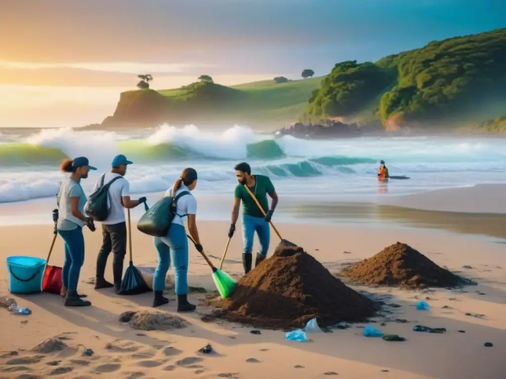 Un vibrante y detallado escenario de voluntarios diversos limpiando una hermosa playa en Uruguay al atardecer