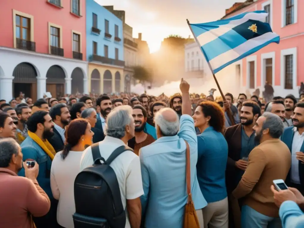 Un vibrante encuentro de activismo en Uruguay con diversidad y unidad en una plaza iluminada por el sol al atardecer