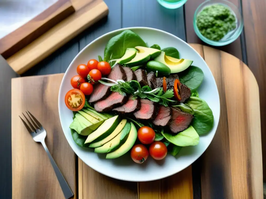 Una vibrante ensalada uruguaya con carne a la parrilla y chimichurri, sobre plato blanco moderno en mesa rústica