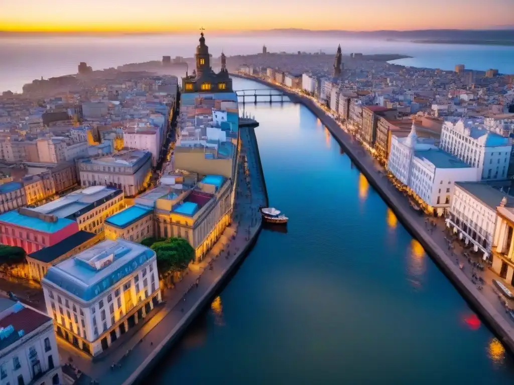 Vibrante escena de la Ciudad Vieja de Montevideo al atardecer, reflejando la cultura uruguaya en sus decisiones financieras