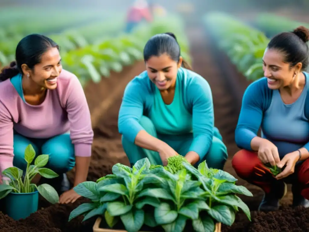 Vibrante escena de comunidad rural en Uruguay, promoviendo salud integral con jardinería, ejercicio y talleres