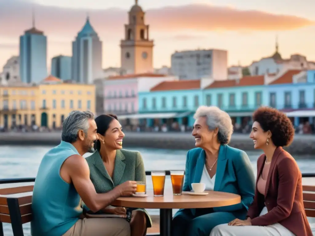 Vibrante escena de diversidad en una terraza en Montevideo, Uruguay, donde se fomentan relaciones sociales y el bienestar