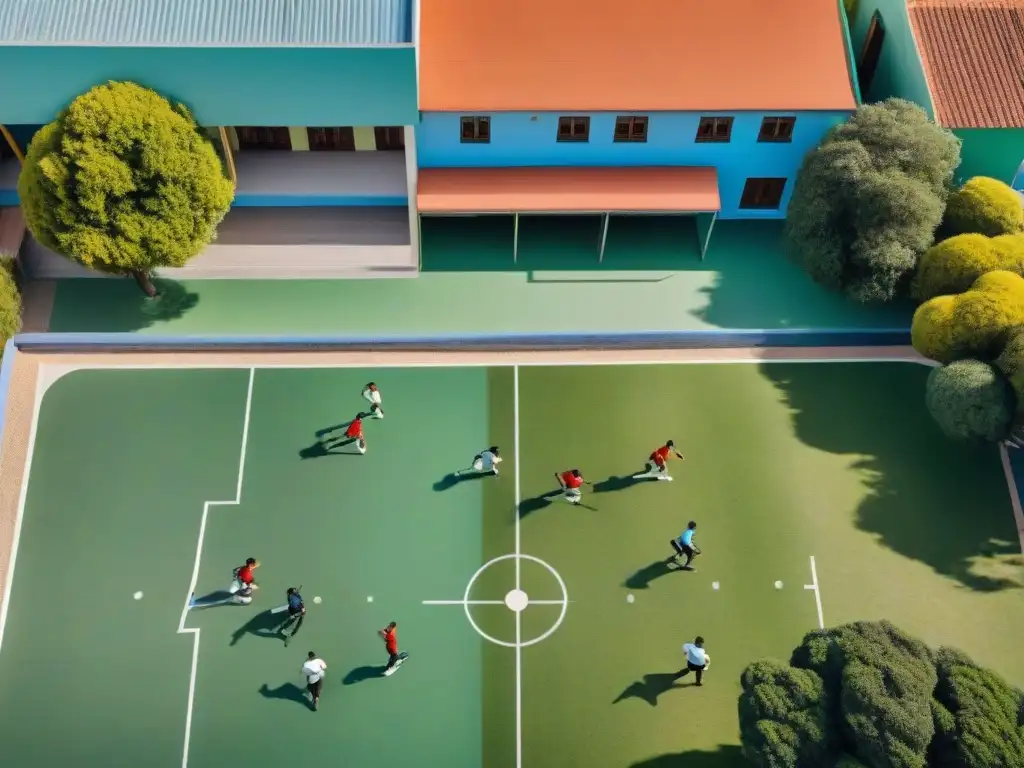 Vibrante escena de educación física innovadora en Uruguay: niños jugando y divirtiéndose en la colorida área de recreo de la escuela