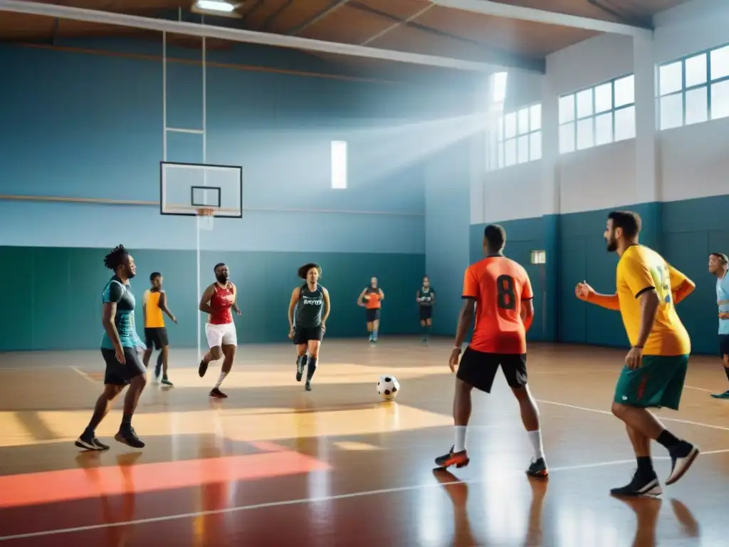 Vibrante escena de personas de todas las edades y orígenes participando en diversas actividades deportivas en un complejo comunitario