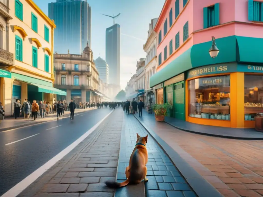 Vibrante escena urbana en Uruguay con animales y personas conviviendo en armonía