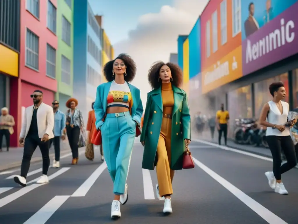 Desfile urbano de moda: diversidad y estilo en la ciudad Una vibrante escena urbana con personas diversas, cada una con un estilo único y moderno, caminando confiadas por la ciudad