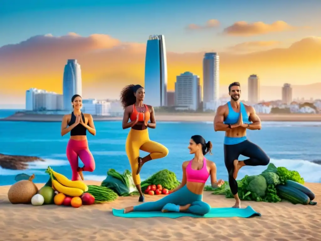 Un vibrante escenario en Uruguay mostrando la importancia de la salud intestinal a través de actividades saludables como yoga, jogging y una dieta rica en frutas y verduras