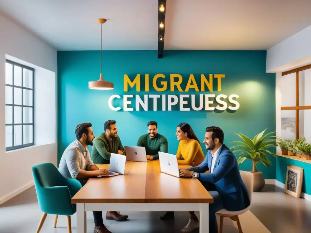 Un vibrante espacio de coworking en Uruguay con emprendedores migrantes colaborando en proyectos, decoración innovadora y ambiente inclusivo