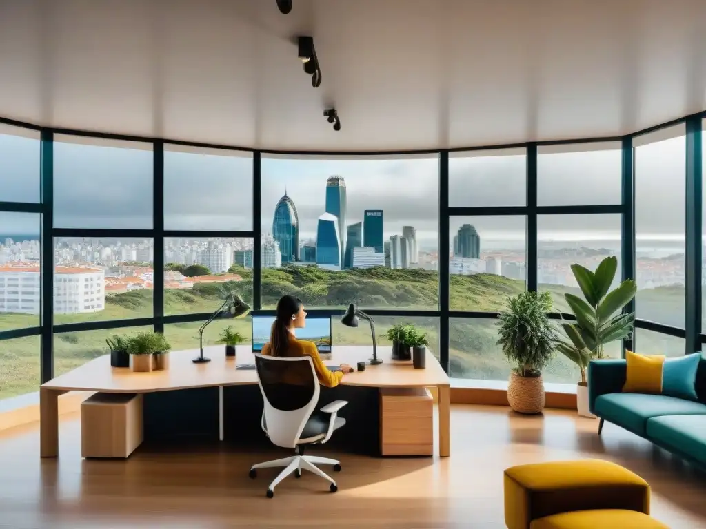 Un vibrante espacio de coworking en Montevideo, Uruguay, reflejando la flexibilidad laboral en Uruguay