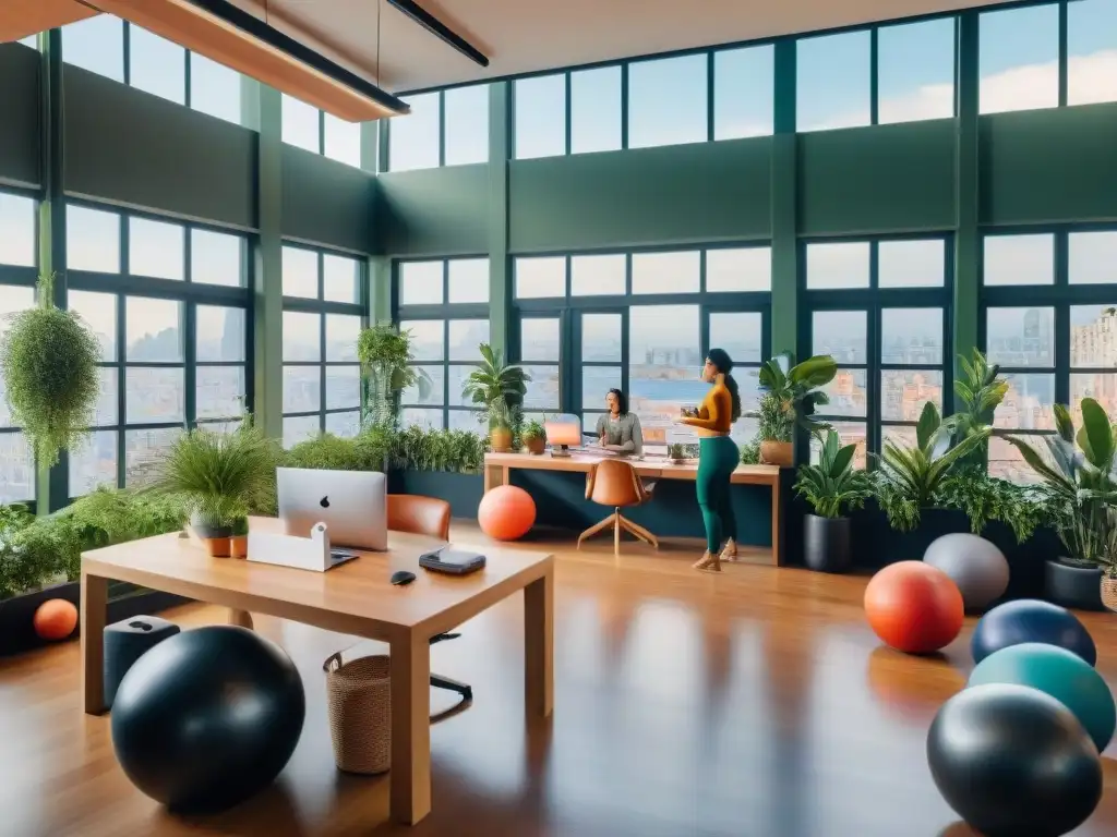 Un vibrante espacio de coworking en Montevideo, Uruguay, combatiendo el sedentarismo laboral con posturas activas y tecnología moderna