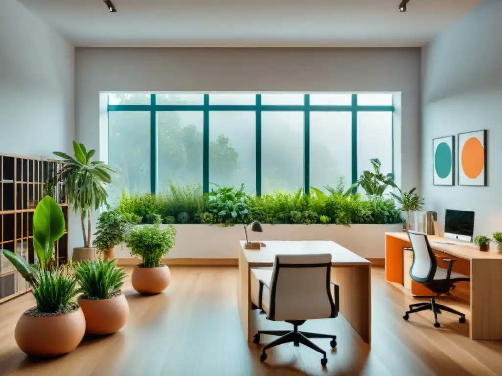 Un vibrante espacio de oficina en Uruguay, con mobiliario ergonómico, luz natural, plantas verdes y empleados sonrientes colaborando en un proyecto