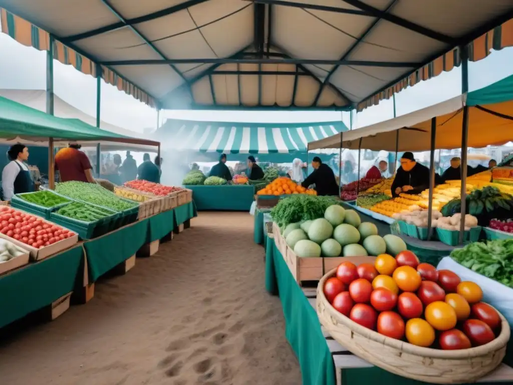 Una vibrante feria de alimentos en Montevideo, Uruguay, con productos frescos y coloridos, reflejando la dieta vegetariana equilibrada en Uruguay