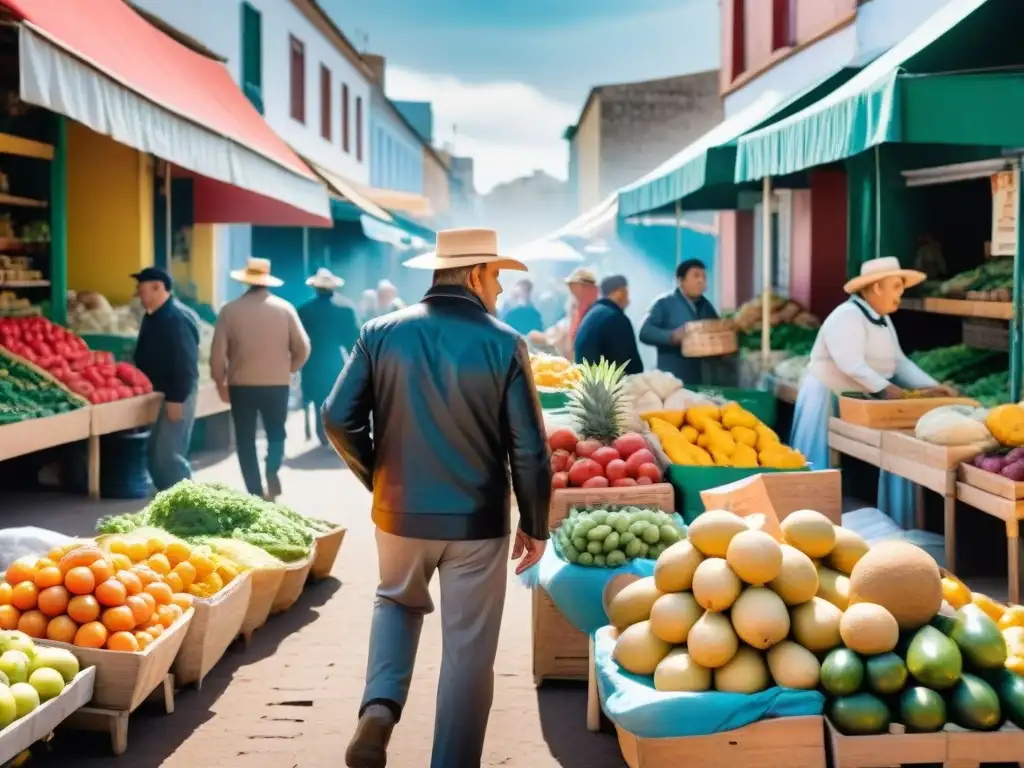 Vibrante feria vecinal en Uruguay, colores, productos frescos y arquitectura tradicional