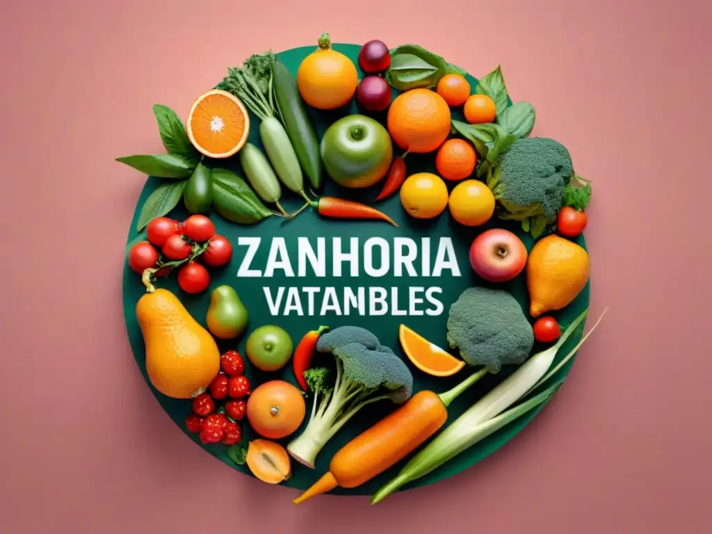 Vibrante ilustración de frutas y verduras con vitaminas, promoviendo la importancia de prevenir enfermedades en Uruguay