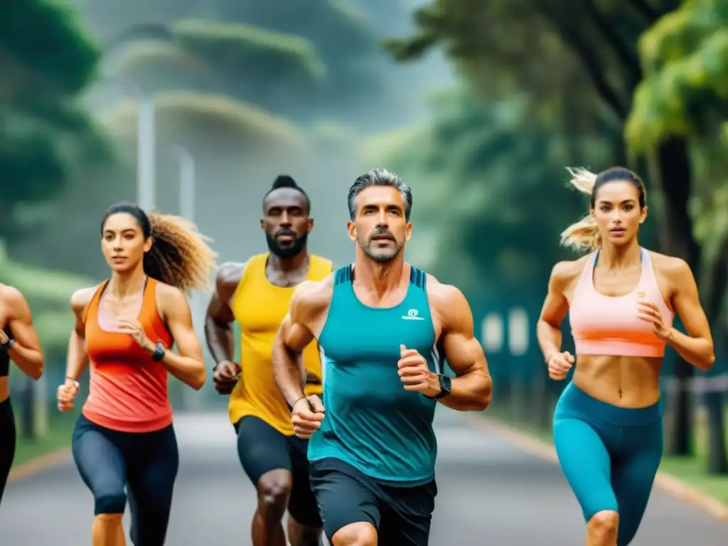 Un vibrante grupo ejercitándose al aire libre en un parque de Uruguay, integrando la dieta uruguaya y entrenamiento integral