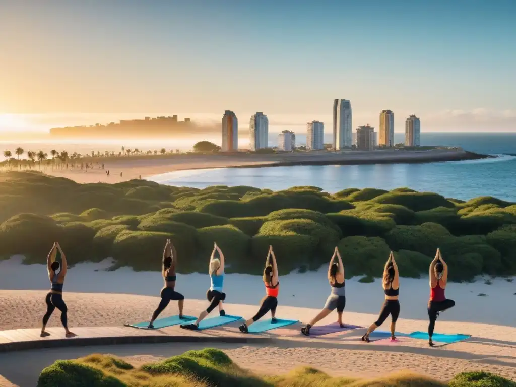 Un vibrante grupo diverso disfruta de diferentes actividades fitness en la costa de Uruguay al atardecer, transmitiendo unidad y bienestar