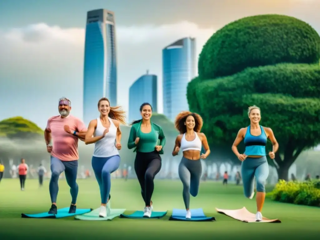 Un vibrante grupo uruguayo disfrutando de actividades saludables en un parque verde, reflejando un estilo de vida activo y comunitario