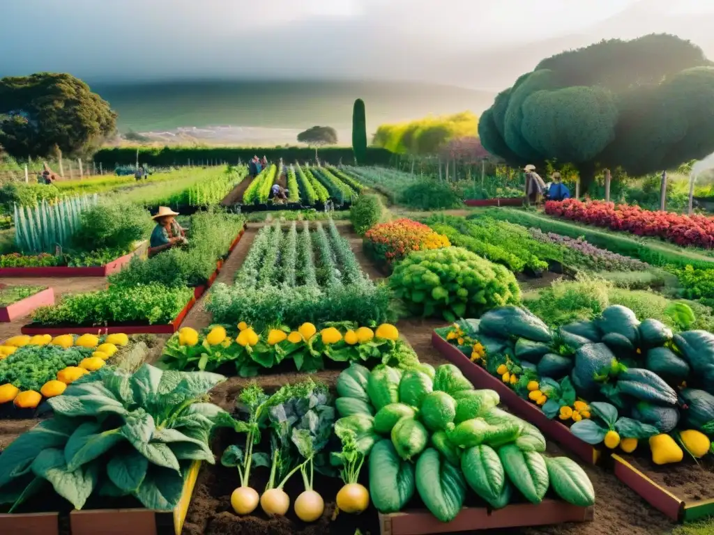 Una vibrante huerta comunitaria en Uruguay, reflejando bienestar y diversidad