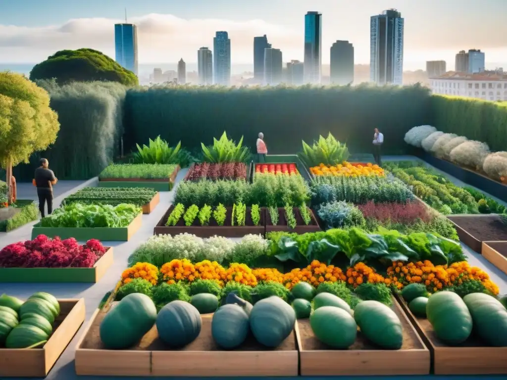 Una vibrante huerta urbana en Uruguay, donde personas diversas cultivan frutas, verduras y flores